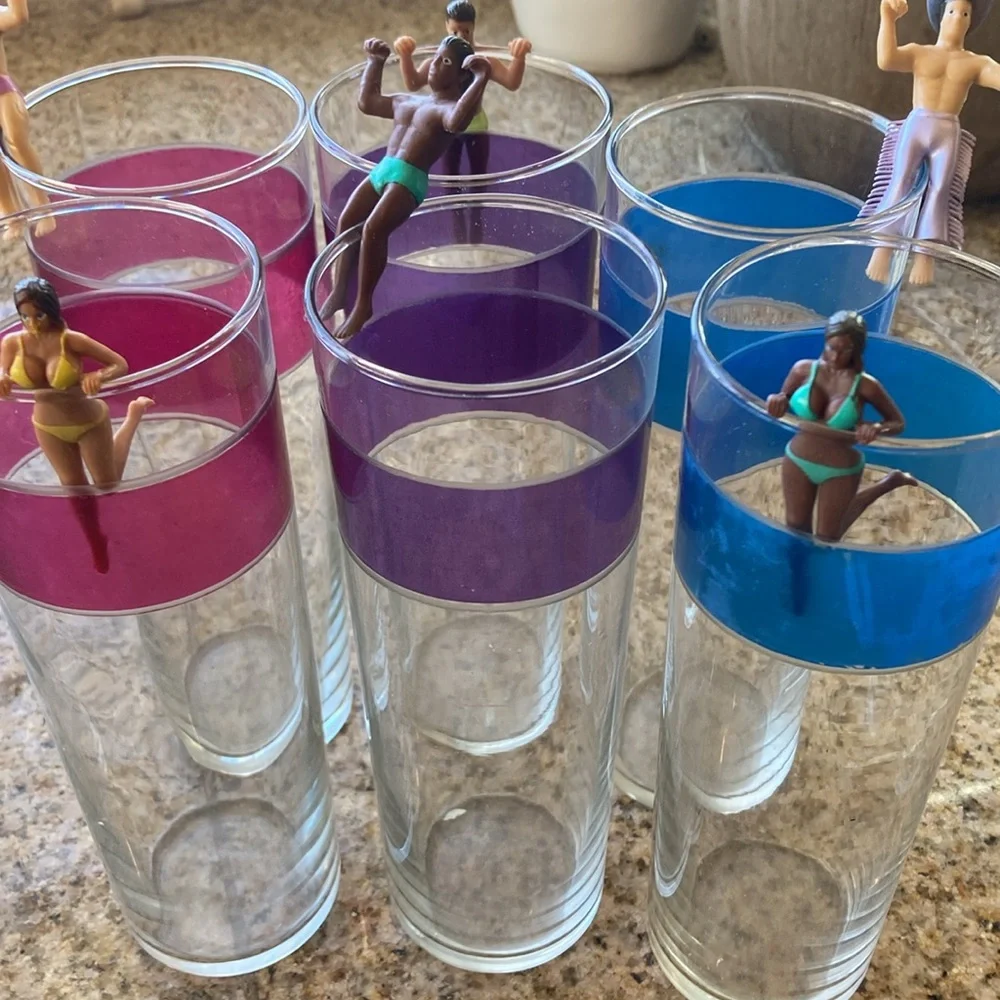Libbey VintageSet of 6 glasses featuring colorful Bands Pink Blue Purple Summer